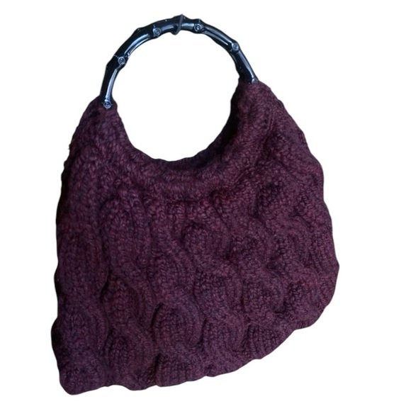 Handbags - Chunky Burgundy Wine Cable Knit Bag wBlack Wooden Top Handle Color 15”x17” Goth